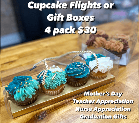 A logo of a cupcake with chocolate frosting.